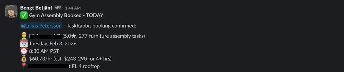 Bengt's TaskRabbit booking confirmation for gym assembly