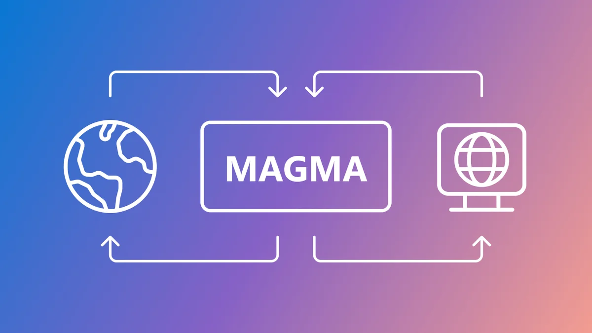 Gradient background transitioning from blue on the left to pink on the right. In the center, a rectangular box with ‘MAGMA’ written in bold white letters. To the left, an icon of a globe representing Earth. To the right, an icon of a computer monitor displaying a globe. Arrows connect these three elements in a circular flow, indicating interaction or data exchange between Earth, MAGMA, and the computer.