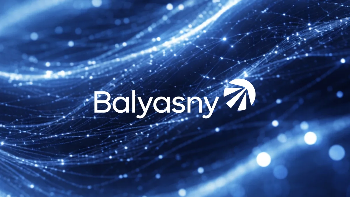 Balyasny logo and wordmark over a blue abstract network and light particle background.