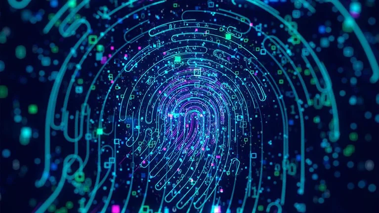 Digital generated image of data forming fingerprint icons on black background. Data security concept.