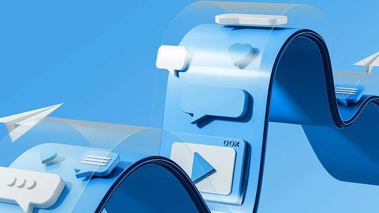 Social media communication concept with speech bubbles, hearts, and paper planes on a wavy blue structure. Futuristic digital interaction design.