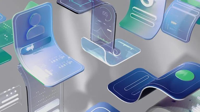 An abstract multi-colored 3D image of multiple screens floating and bending around each other.