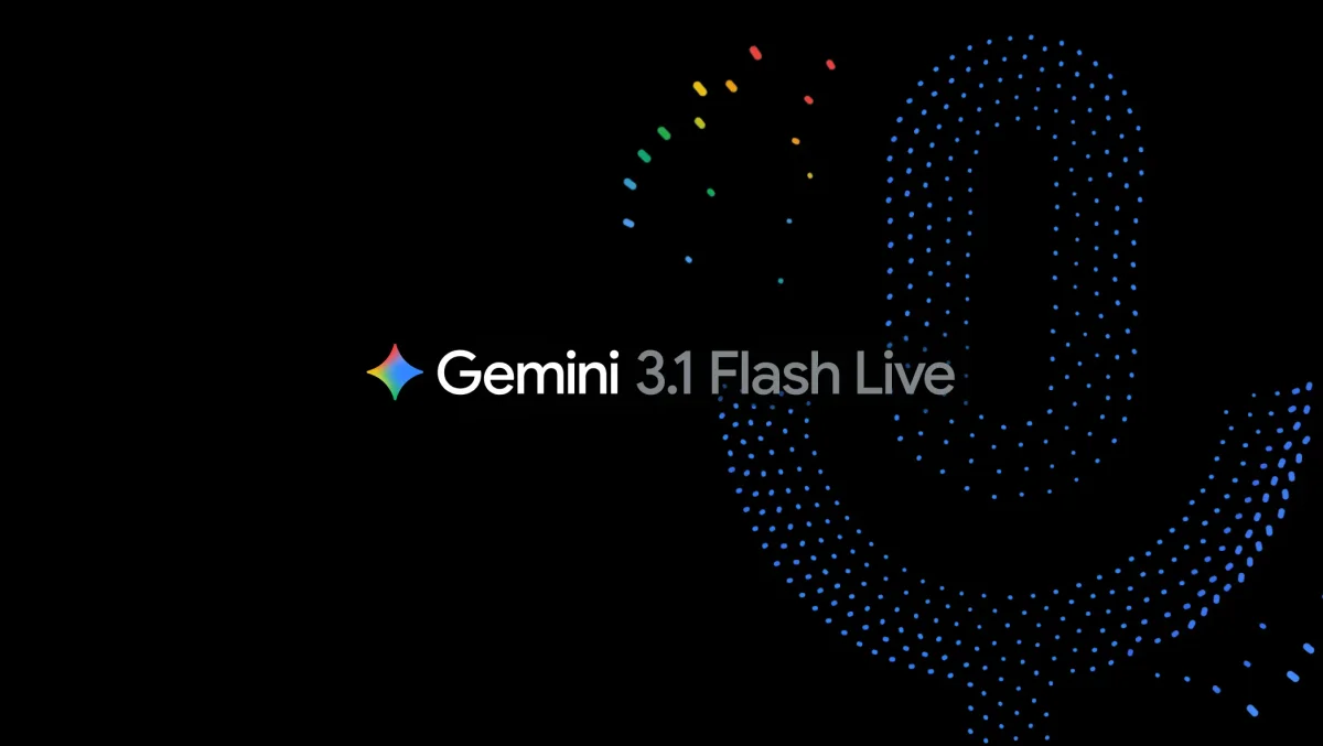The Gemini emblem sits next to text reading 'Gemini 3.1 Flash Live'. The background has blue, multicolored dots making up a microphone icon