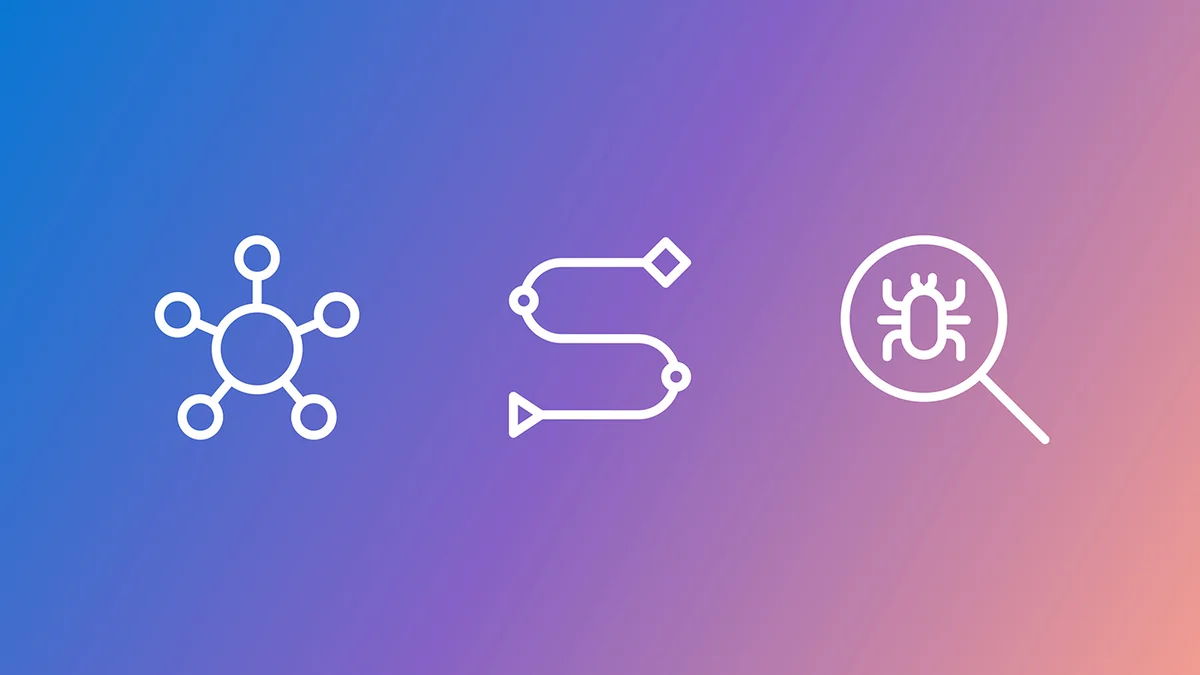 Three white line icons, showing network, workflow, and bug‑analysis icons, on a blue‑to‑purple gradient background.