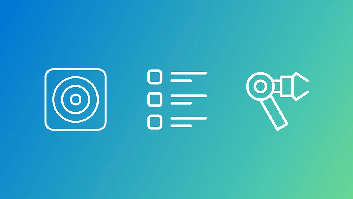 V2GP framework | three white icons on a blue to green gradient background | first icon is three concentric rings with a square box around it, second icon is a list of three items | third icon is a tool