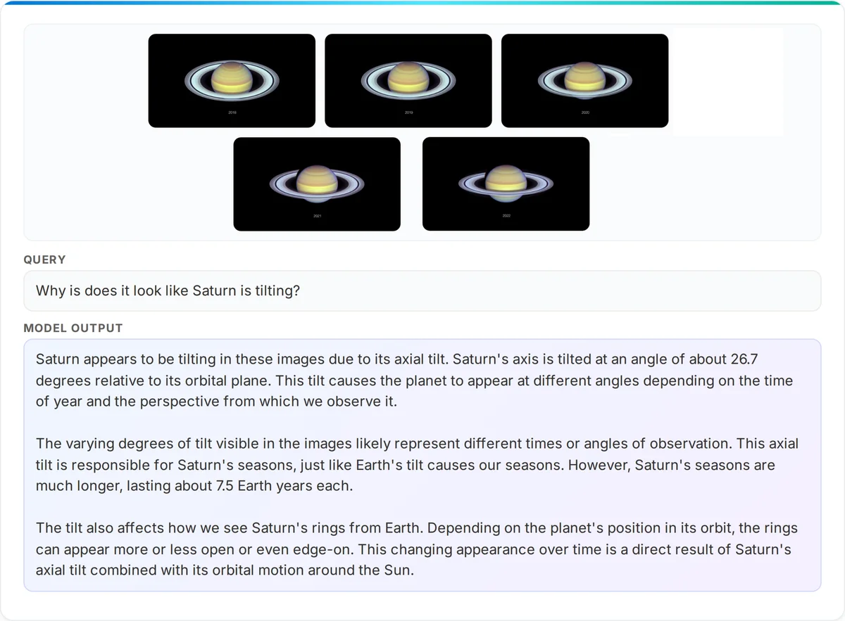 A multi-image reasoning example — five Hubble photos of Saturn from 2018–2022, with the query 