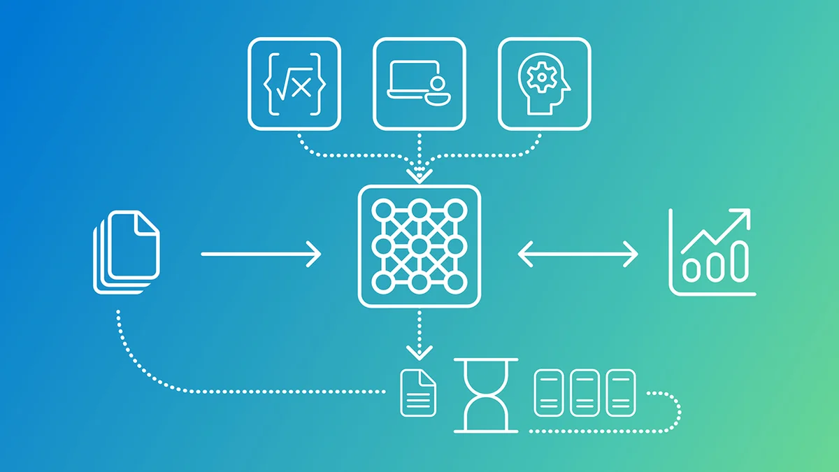 White line icons against a blue-green gradient background form an architecture flow chart. In the middle of the chart is a three-by-three matrix of circles and lines within a round-edge square. Above the matrix, three icons in a row – an equation, a person using a desktop, and a head with gears flow by dotted lines to the matrix. To the left of the matrix is an icon representing a stack of files with an arrow pointing to the matrix. To the right of the matrix is a graph with a double headed arrow pointing to the matrix and to itself. Below the matrix is an icon representing a document. A dotted line arrow connects this graph to the matrix, showing the direction flowing from the matrix to the document. To the right of the document icon is an hourglass icon and three list icons with a dotted line connecting the hourglass to the lists.