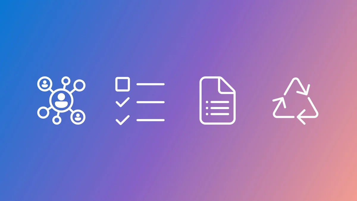 blue and purple gradient background with decorative white icons