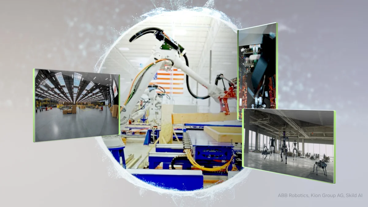 Key visual showcasing partner robots in action running and working on an assembly line.