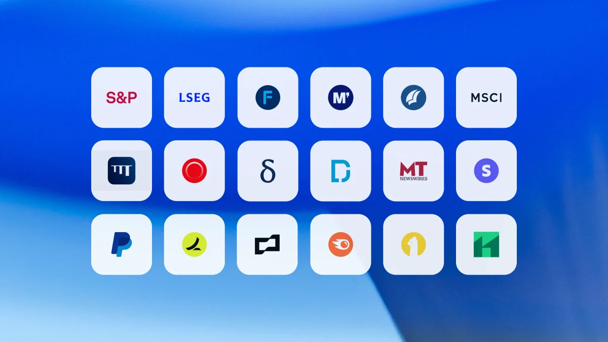 Grid of connector icons representing financial and data providers such as S&P, LSEG, FactSet, Moody’s, MSCI, PayPal, and others, displayed on rounded tiles against a blue gradient background.