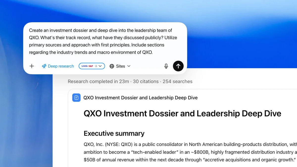 Chat interface prompting deep research to create an investment dossier on QXO using sources like LSEG and S&P. Below, a generated report titled “QXO Investment Dossier and Leadership Deep Dive” shows an executive summary and cited research results.